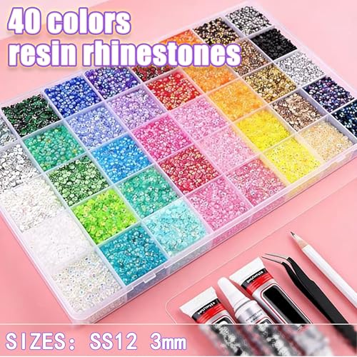 40000Pcs 40 Colors Resin Jelly Rhinestones Kit for Bedazzling, DIY Bulk Resin Gems Set, Flatback Gem for Crafting with 3 Pcs 10ml Jewelry Glue, Multicolor 3mm Flatback Gems for Diamond Art Nail Art