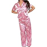 MakeMeChic Women's Silk Satin 2 Piece Pajama Set Bow Button Up Shirt Pants Pj Sets Sleepwear