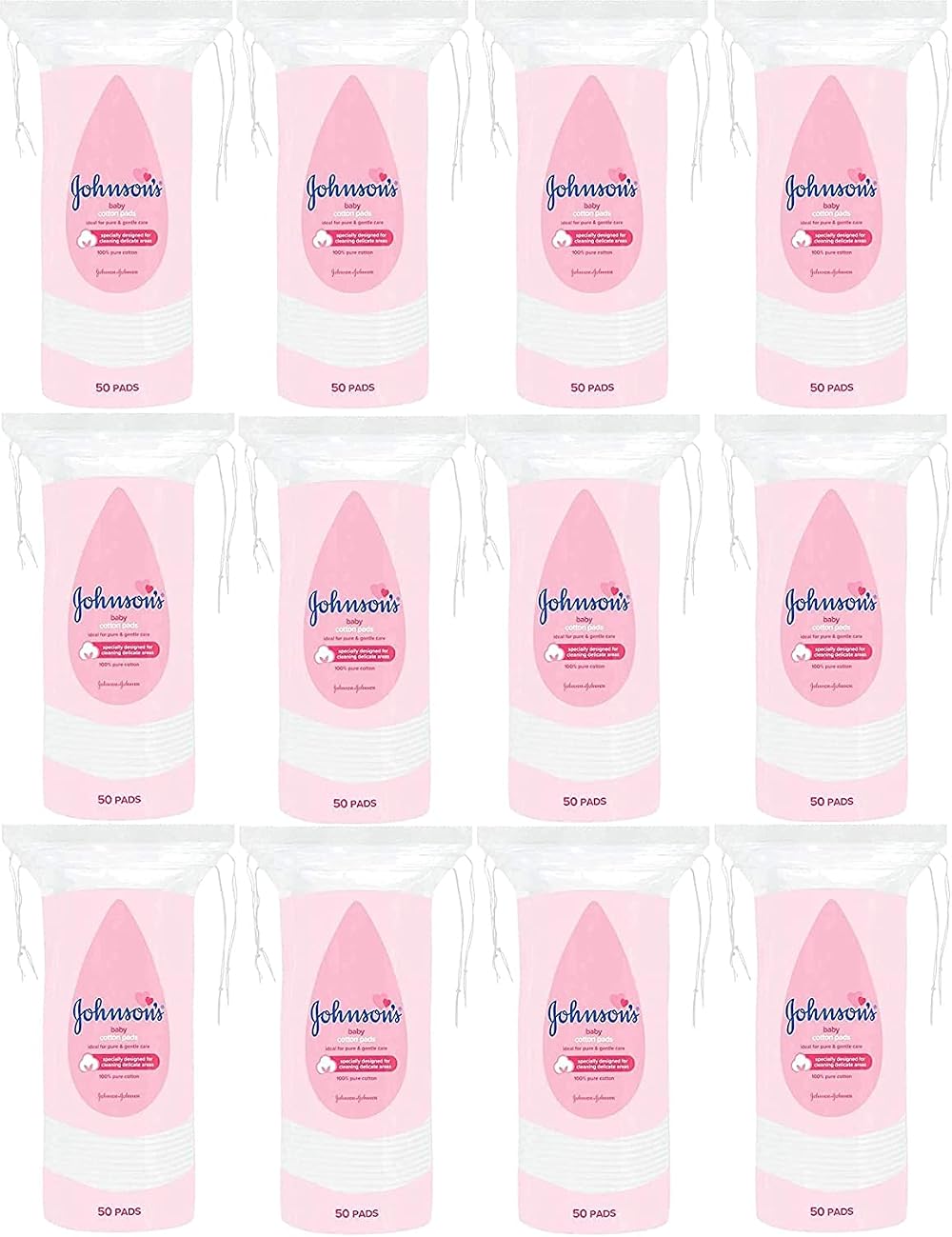 Johnson's Baby Cotton Pads 100% Pure Cotton Pack of 12 x 50