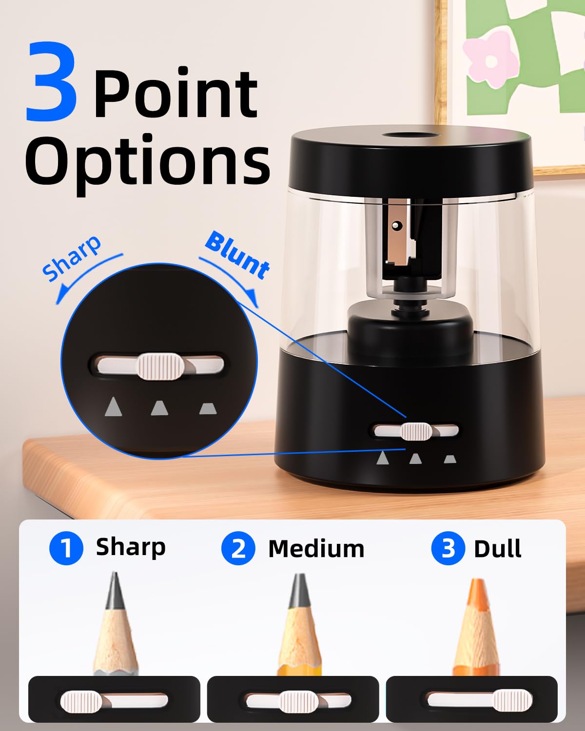 ZMOL Electric Pencil Sharpener for Colored Pencils, Auto Stop,Battery Operated Powered Pencil Sharpener Plug in for Kids 6-8mm No.2/Office/Home/Black