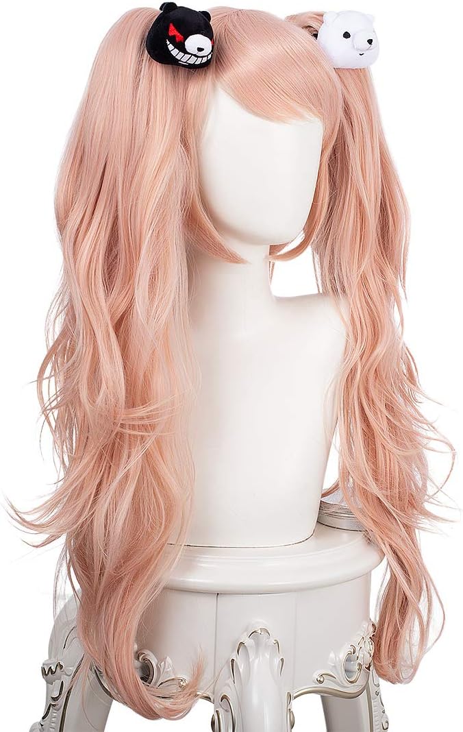 Topcosplay Long Curly Pink Wig with Pigtails and Bear Hair Clips for Halloween Fancy Dress Party, Junko Enoshima - Image 4