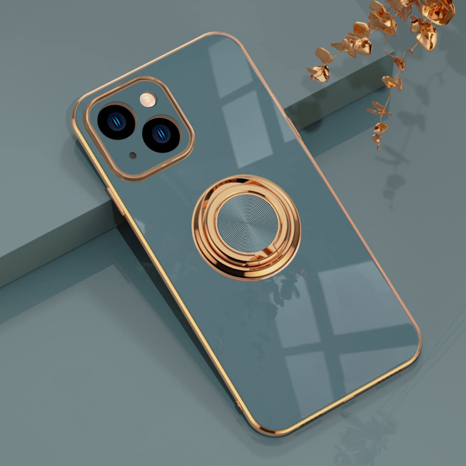 EYZUTAK Electroplated Magnetic Ring Holder Case for iPhone 14, 360 Degree with Rotation Metal Anti-fall Finger Ring Holder Magnet Car Holder Slim Soft Silicone Shockproof Cover - Gray — image 1