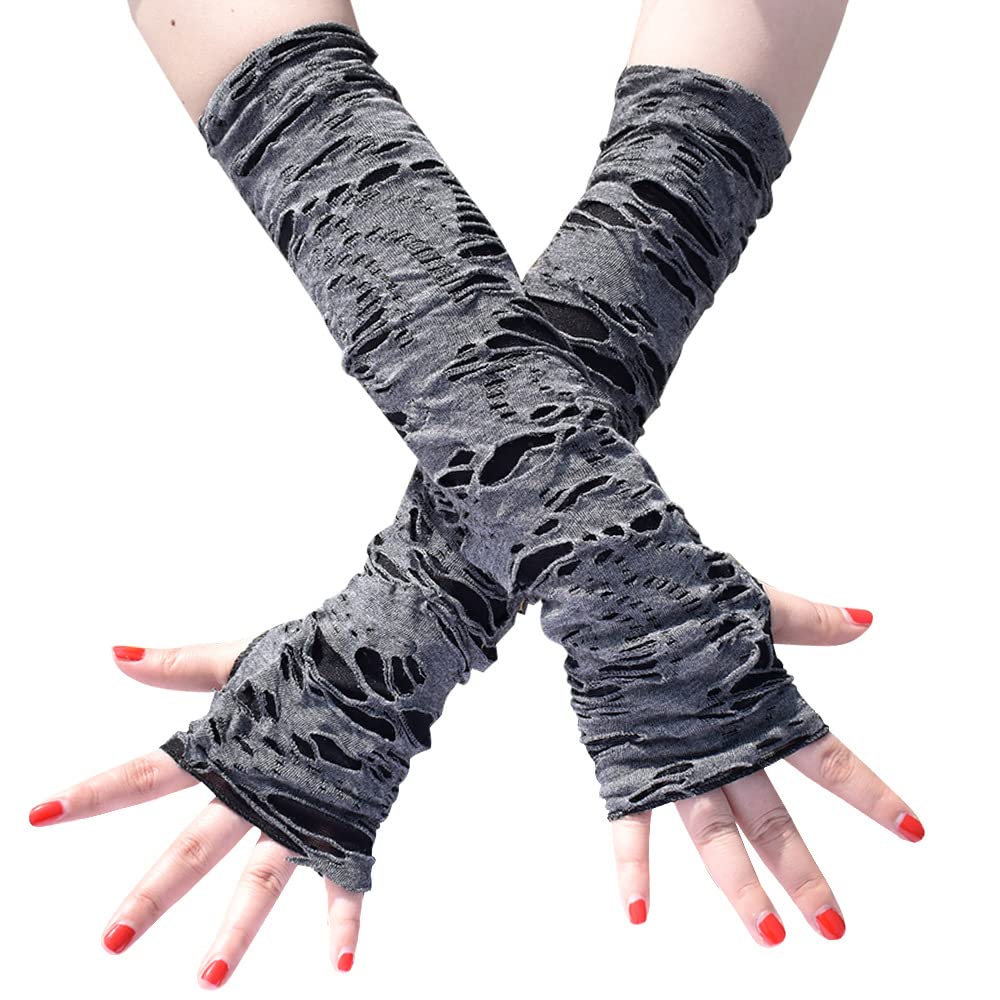 ILUFAM Halloween Long Punk Elbow Length Fingerless Cosplay Ripped Gloves for Fancy Dress Party (Black)