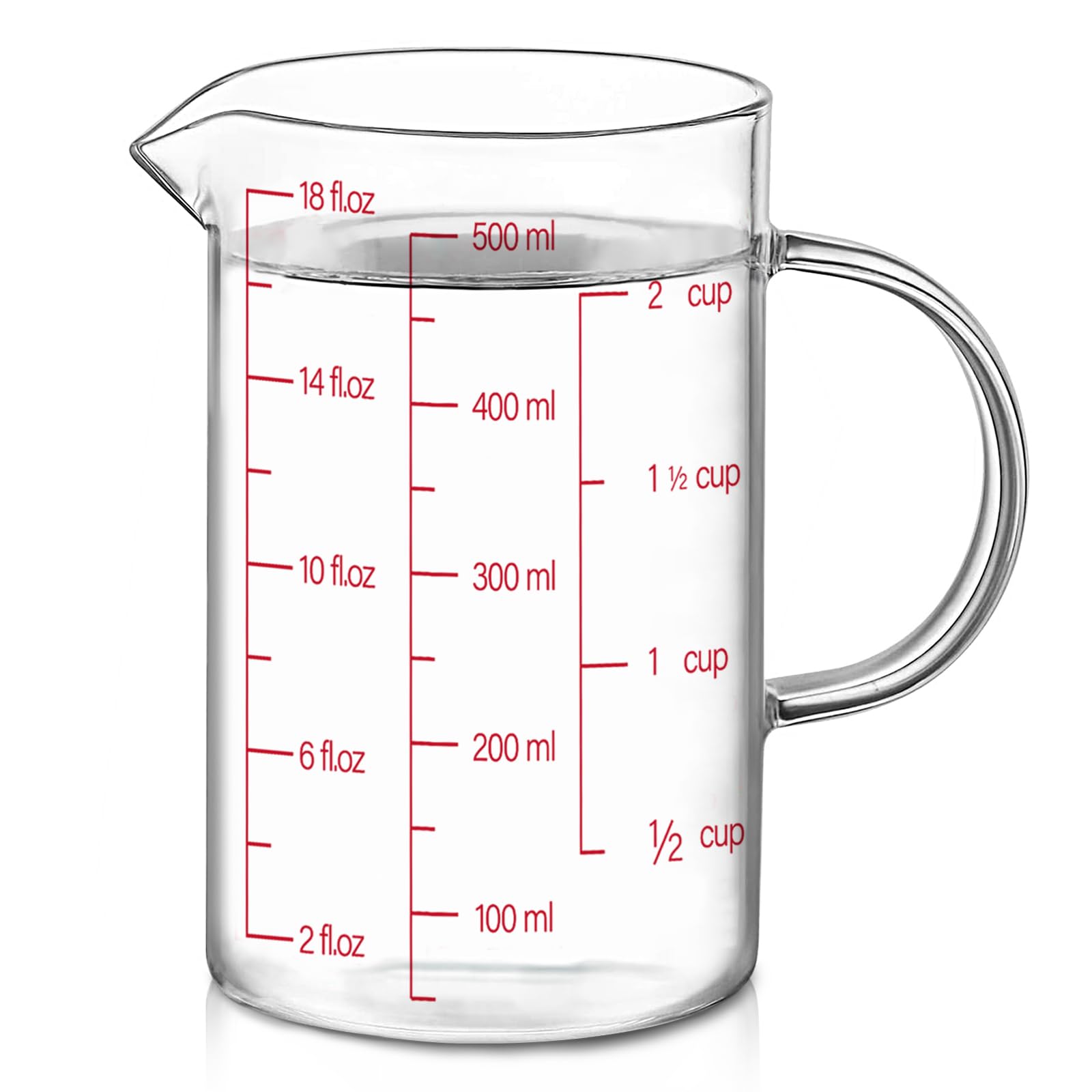 Luvan 500ml/2 Cup Glass Measuring Jug Easy to Read with 3 Scales (ml/oz/Cup), High Borosilicate Glass Liquid Measuring Cup with Handle and V-Shaped Spout for Baking, Freezer/Microwave Safe