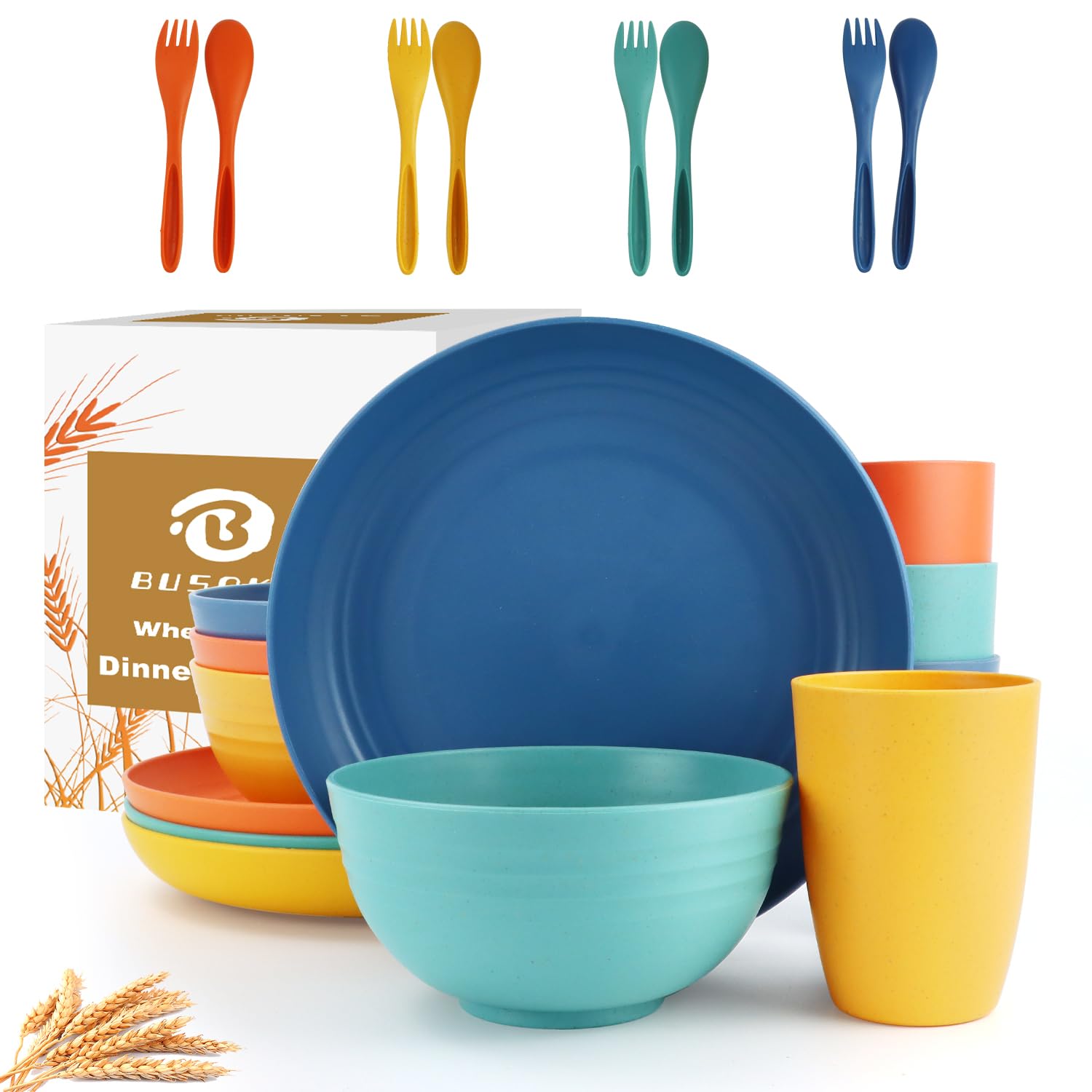 Photo 1 of BUSOKIP 20 Pieces Wheat Straw Dinnerware Sets, Unbreakable Plates and Bowls Sets, Alternatives Reusable Plastic Dinnerware Sets, Outdoor Camping Dishes, Microwave Safe Dishes Set for 4 (Multicolor)