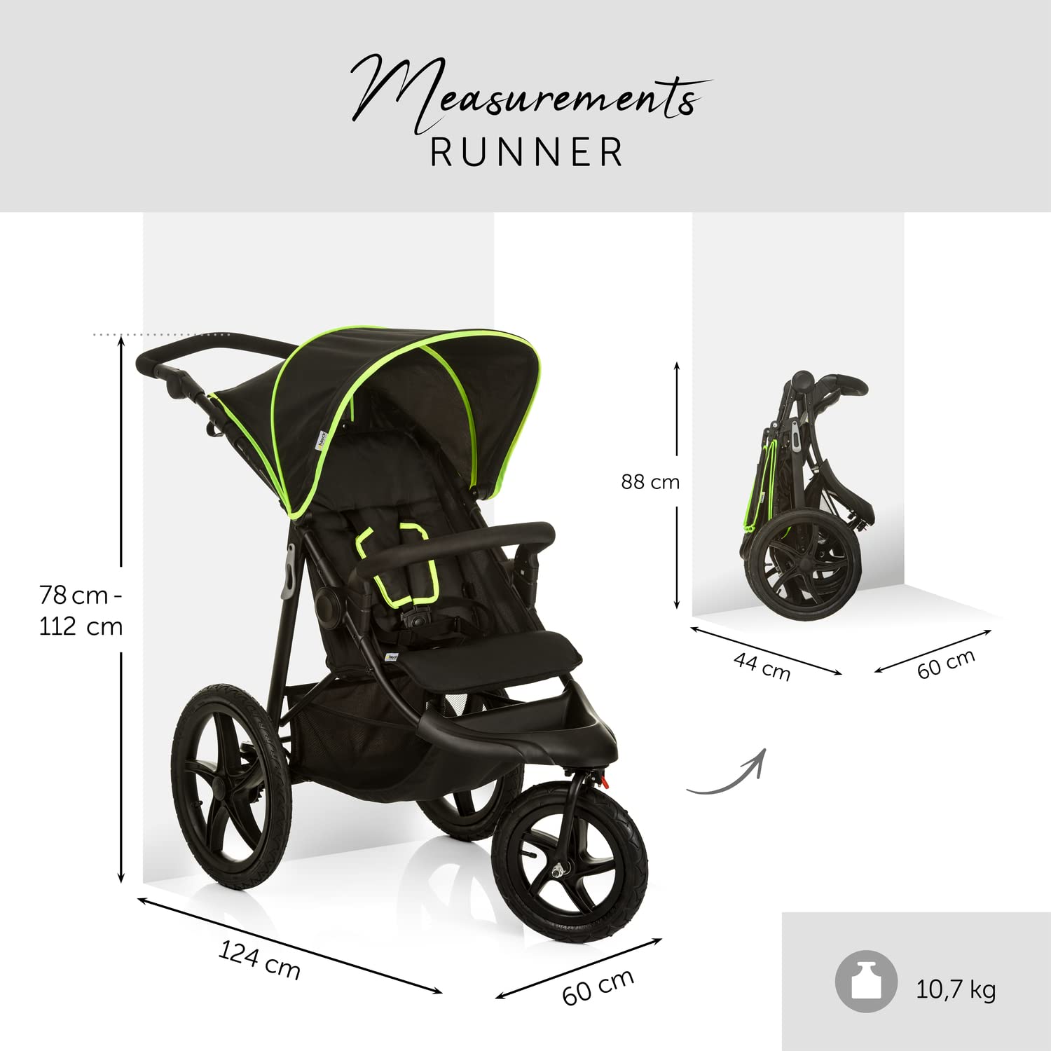 hauck Runner, Black / Neon Yellow - Robuster Dreirad Buggy mit XL Lufträdern, Federung, XL Netzfenster, Verstellbarer Schieber, mit Liegefunktion für Kinder ab Geburt bis 22 kg, Faltbar 3