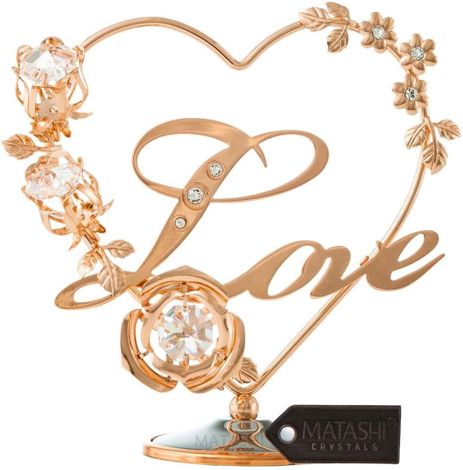 Matashi 24K Gold Plated Crystal Studded Double Heart with Banner Ornament, Best Gifts for Valentine's Day, Mother's Day, Anniversary, Christmas, Birthday (Rose Gold)
