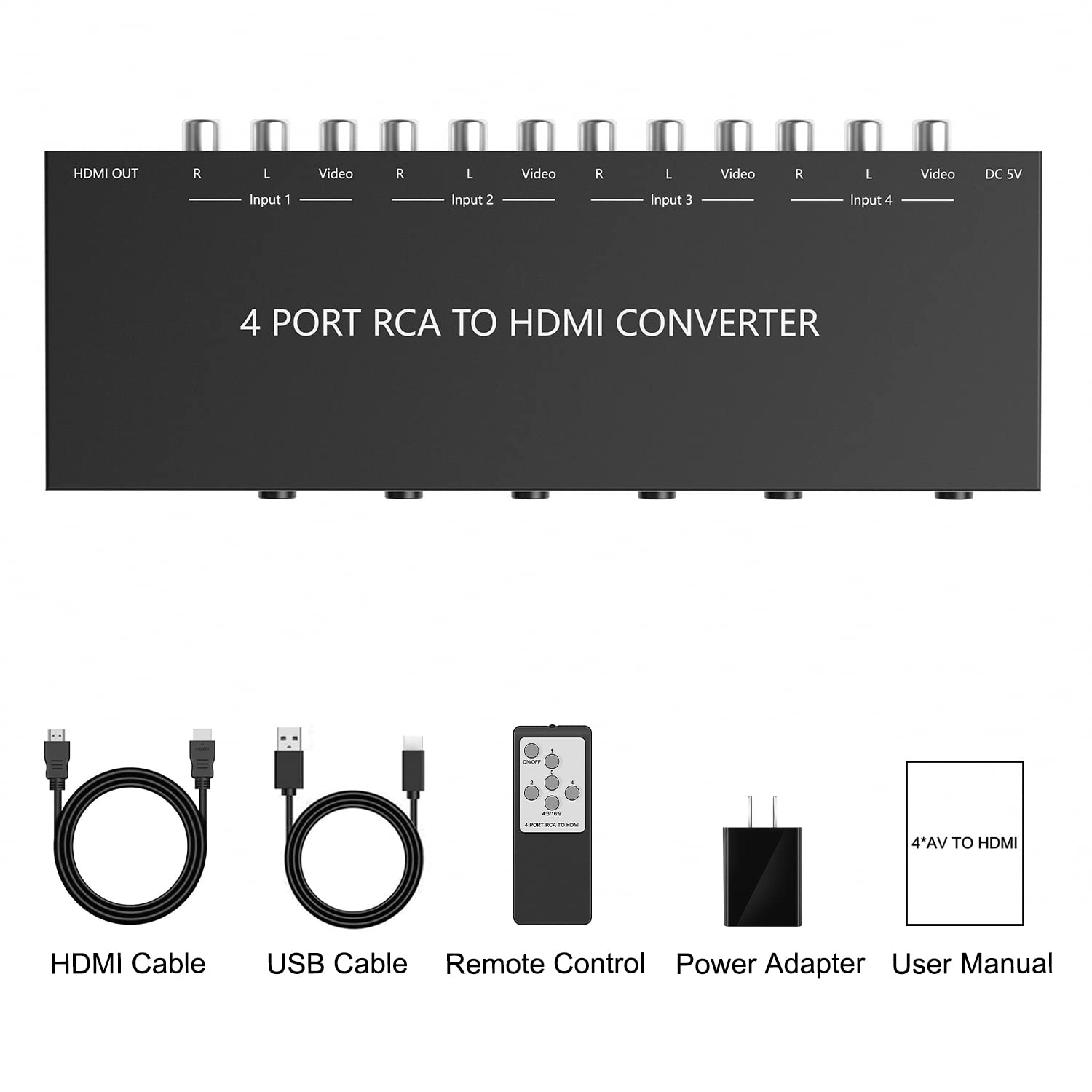 Y.D.F 4 Port RCA to HDMI Converter 4 Way RCA Composite CVBS AV Switch to HDMI Converter Adapter Support 4:3/16:9 Switching, for Sega Xbox PS1 PS2 PS3 N64 NGC SNES WII VHS VCR Camera DVD