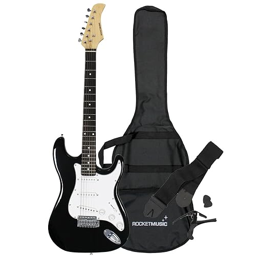 Rockjam Full Size Black Electric Guitar Bundle Pack with Lead, Strings, Strap and Plectrums