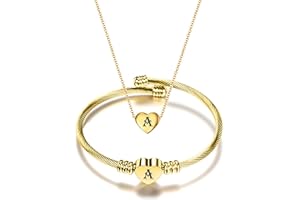 MYNENEY NIBASTAR Heart Name Necklace and Bracelet for Women Stainless Steel A-Z letters Initial Statement Jewelry Set for Mother's Day