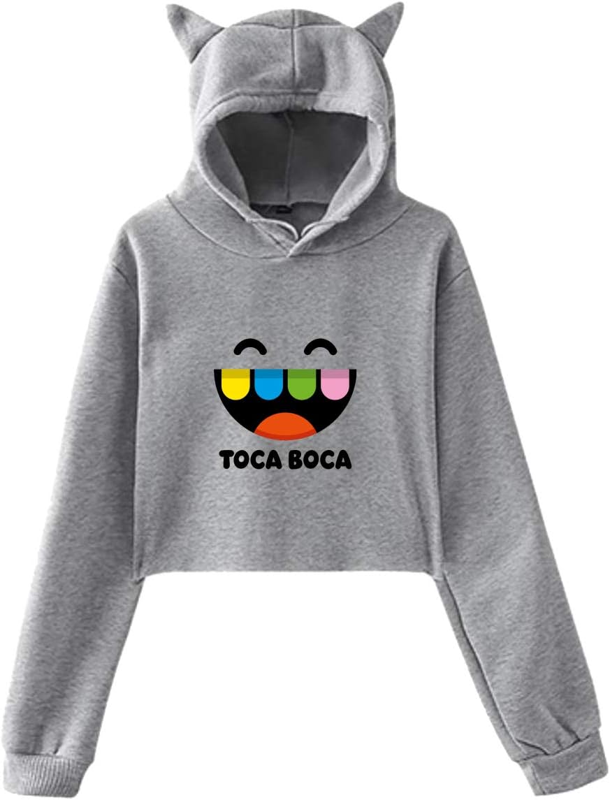 Edmundy Toca Boca Women's Comfortable Cat Ear Hoodie Sweater Long Sleeve Sweatshirt Gray
