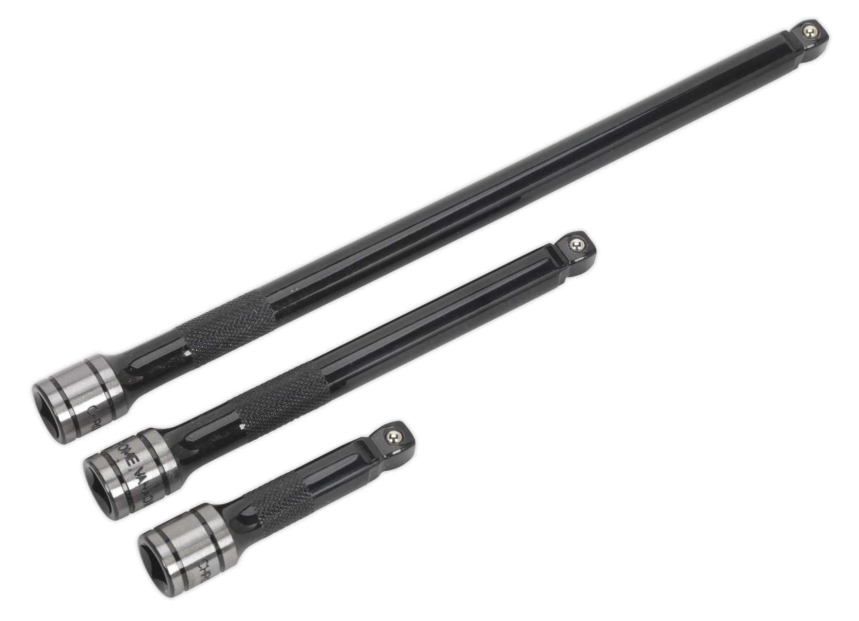 Sealey AK7691 3 Piece 3/8-inch Sq Drive Wobble/Rigid Extension Bar Set Black Series, Silver