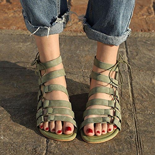 Women Bohemia Sandals Size 5-9 Lace Up Flats Shoes Low Heel Strap Slippers Pointed Toe Wedge Hemlock (US:6.5, Green)