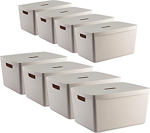 IDEA HOME FLEXISTORE 8 Stück Aufbewahrungsbox Kunststoff Organizer Box Körbe Aufbewahrung Kunststoffbox für Badezimmer Regal mit Deckel 28L0cm, Natürliche Farbe