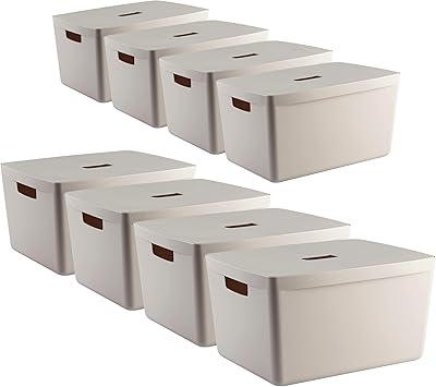 IDEA HOME FLEXISTORE 8 Stück Aufbewahrungsbox Kunststoff Organizer Box Körbe Aufbewahrung Kunststoffbox für Badezimmer Regal mit Deckel 28L0cm, Natürliche Farbe