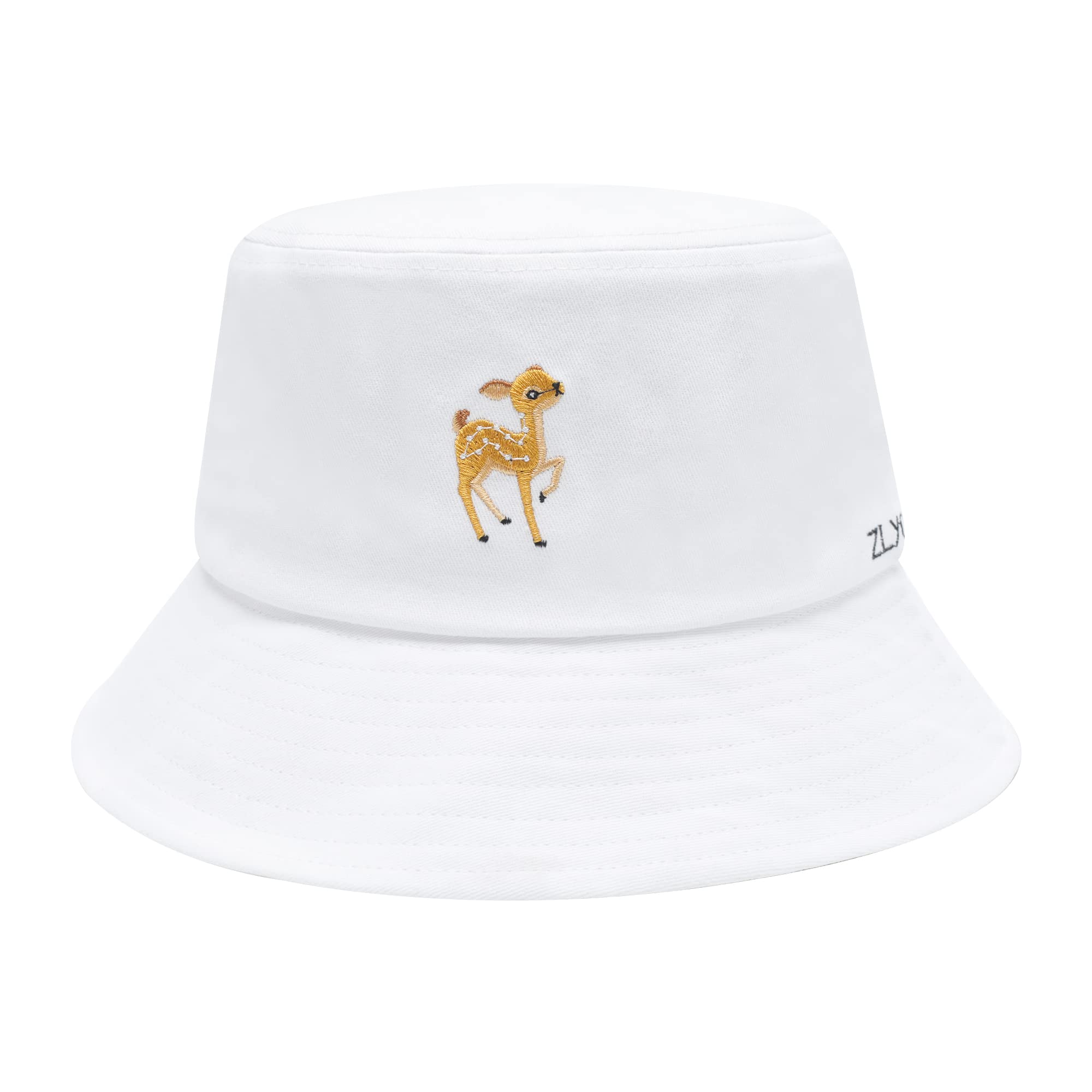 ZLYC Unisex Fashion Embroidered Bucket Hat Summer Short Brim for Men Women Teens(Deer White)