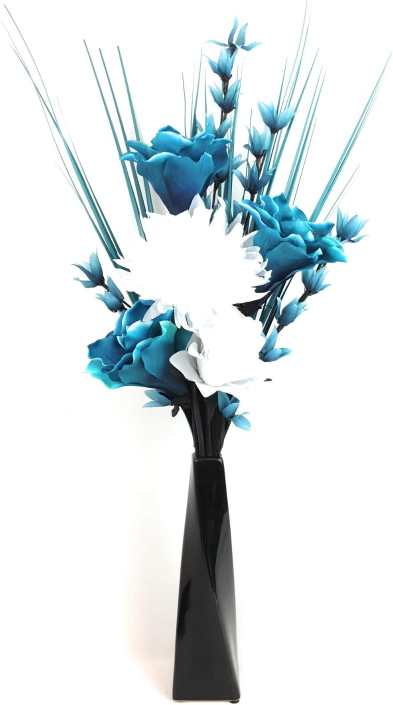HANDMADE ARTIFICIAL SILK TEAL & WHITE FLOWERS IN A BLACK TWIST CERAMIC VASE