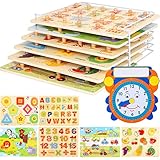 Wooden Toddler Puzzles and Rack Set - (6 Pack) Bundle with Storage Holder Rack and Learning Clock - Kids Educational Preeschool Peg Puzzles for Children Babies Boys Girls - Alphabet Numbers Zoo Cars