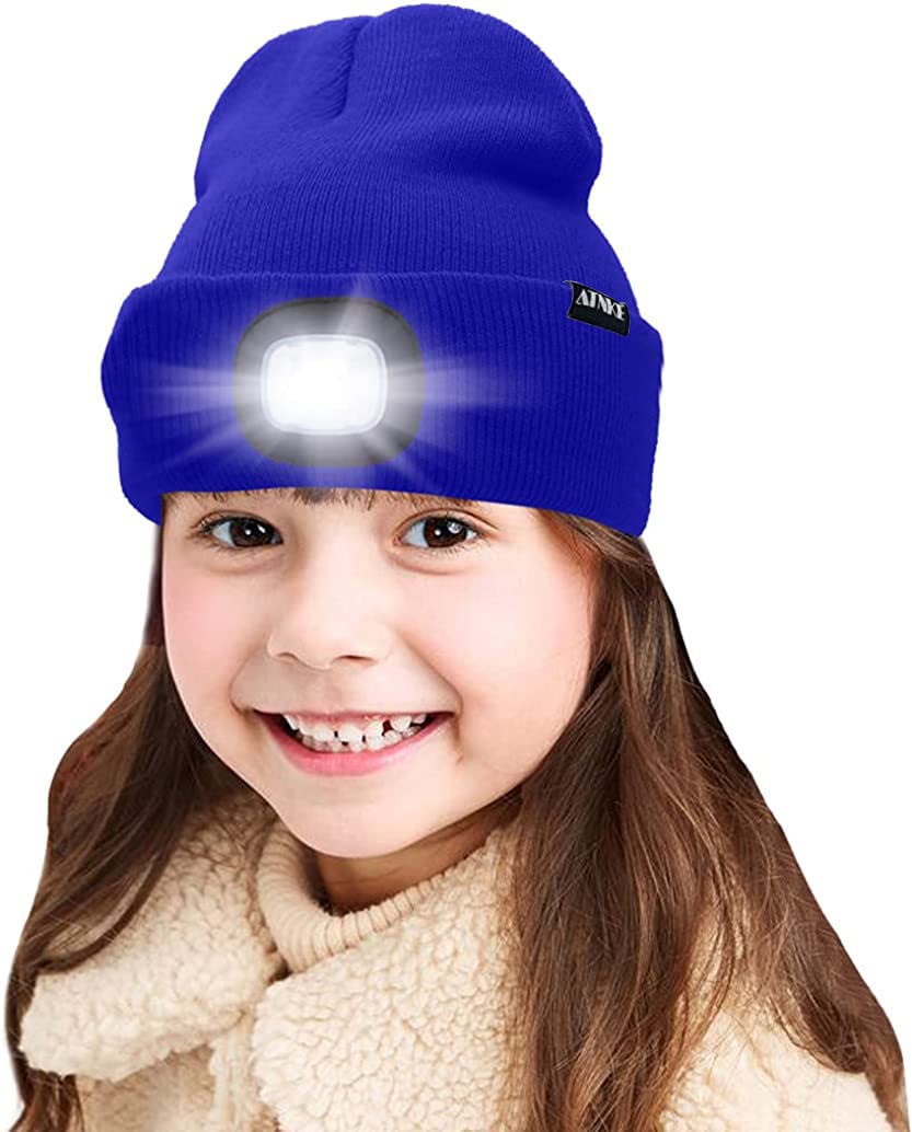 ATNKE Kids LED Lighted Beanie Cap, USB Rechargeable 4 LED Headlamp Waterproof Winter Warmer Knit Night Hats with Light for Boys Girls/Blue