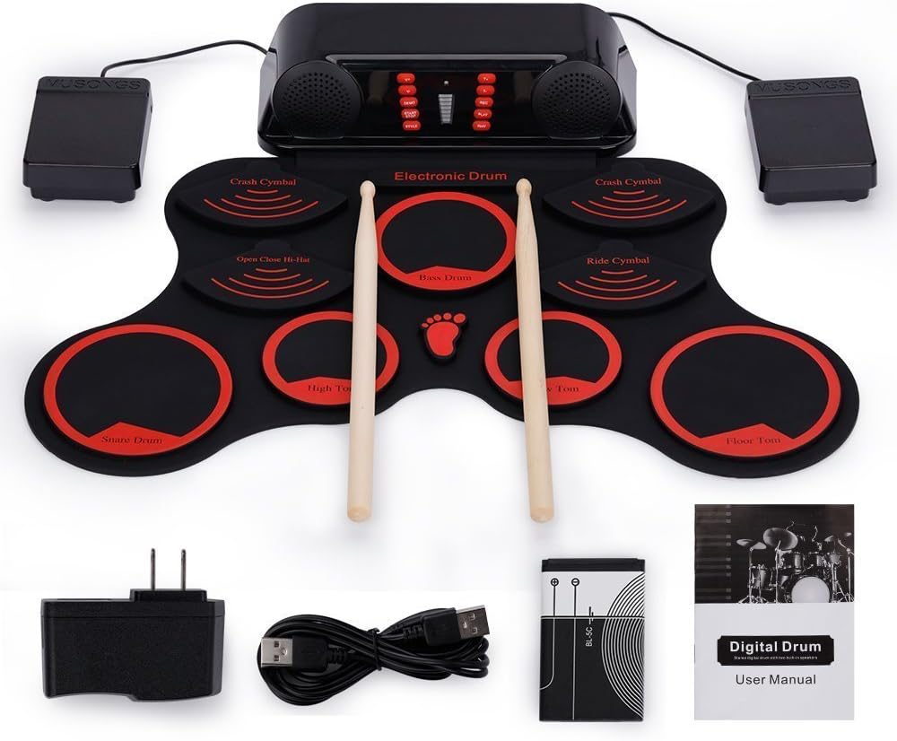 Roll-Up Drum Kit Portable Electronic Drum Set with Rechargeable Battery Foot Pedals Drumsticks Built in Loud Speakers