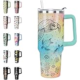 Rcvlauf Sea Turtle Tumbler Summer Watercolor Ocean Tumbler 40 oz Turtles Gifts for Women Ocean Cups Coffee Travel Mug with Handle Leak Proof Insulated Turtle Lovers Decor Stuff