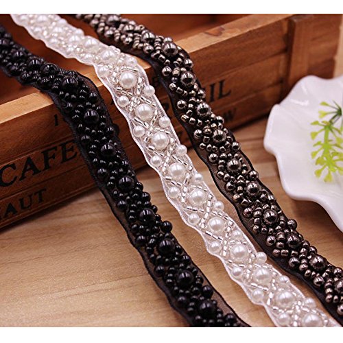 USJee 1 Yard Black Pearl Beaded Applique Crystal Patches for Wedding Sash Bridal Belt DIY Sewing Decor