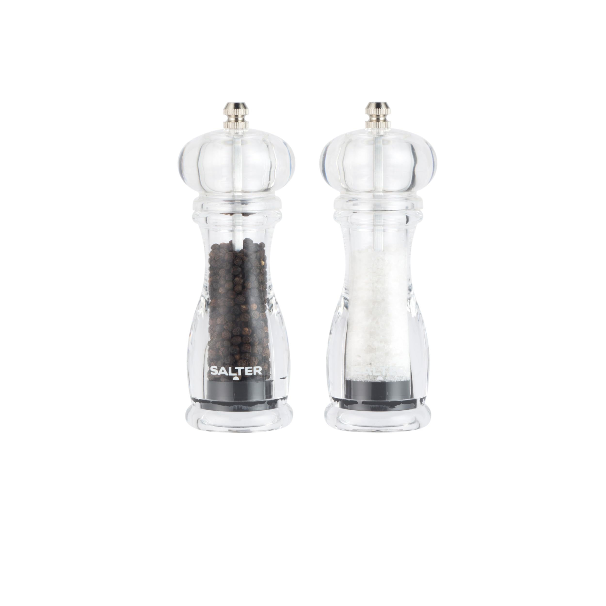 Salter 7606 CLXR Salt & Pepper Grinder Set โ Refillable Mill Set, Twist to Grind, Ceramic Mechanism, Adjustable Fine to Coarse Grind, 66g Sea Salt/30g Peppercorns, Clear Acrylic Design