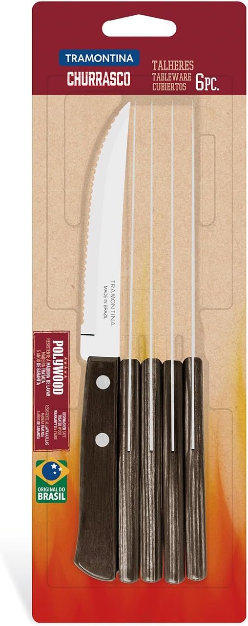 Tramontina 6 Piece Steak/Pizza Knife Set, Brown Colour, Sharp Knife Set with Wooden Handles, ‎Camping, Kitchen, Rustic, Dishwasher Safe, 5-Inches, 29899155