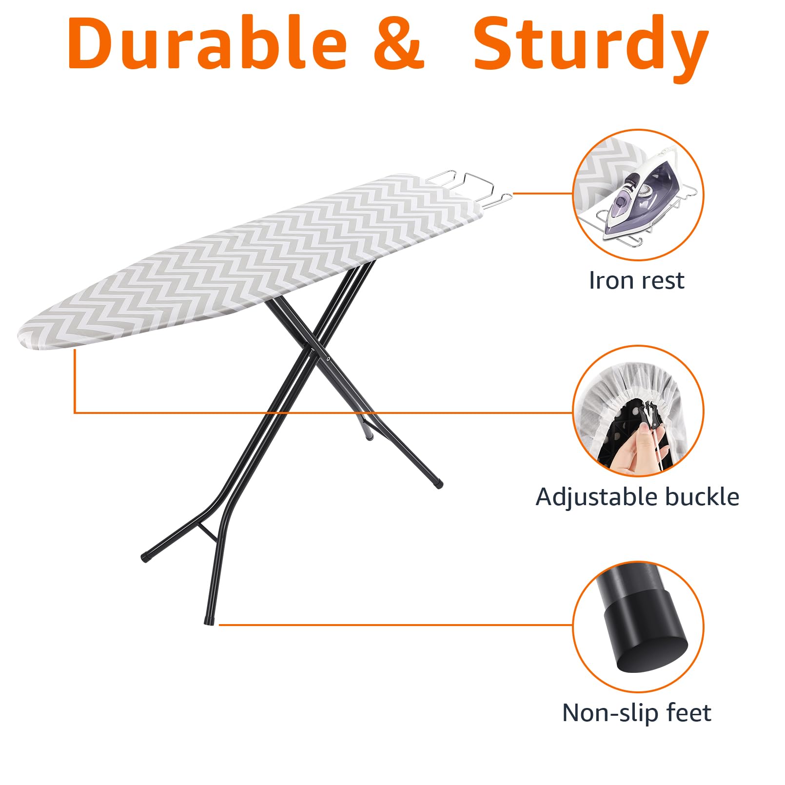 Amazon Basics Full-Size Ironing Board - 4-Leg Fold-Up, Chevron Removable Cover, 60