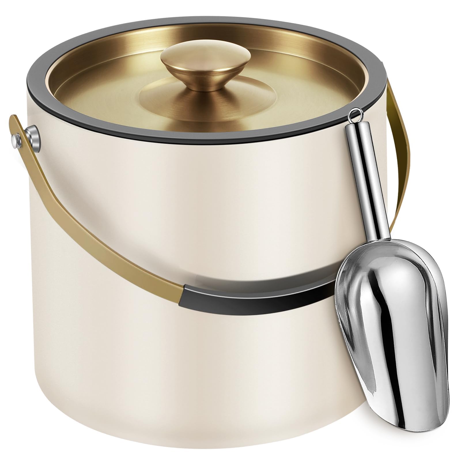 Photo 1 of 3.2L Modern Insulated Ice Bucket with Silicone Lid, Scoop, Strainer, Double Wall Stainless Steel Ice Bucket for Parties & Cocktail Bar,Ideal for Gift(Pearl White)