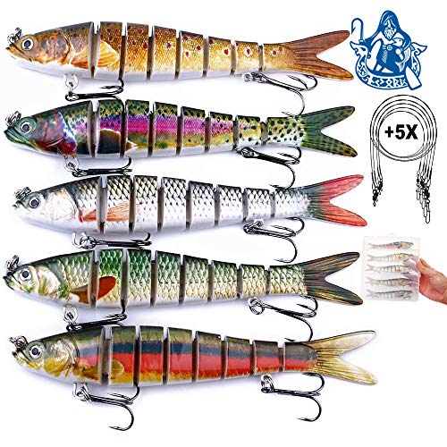 Njord Kalastus Hecht Köder Set Kunstköder 5 Stück in Box Angel-Köder zum Raubfisch-Angeln â Wobbler mehrteilig mit Gelenk für realistischen Lauf 14cm 25g langsam sinkend +5X Stahlvorfach