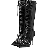Oiamenne Knee High Boots for Women Fashion Slide Zipper Pointed Toe Stiletto Studded High Heel Rivets Tassel Boots Party Dress Shoes