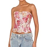 Baynoyia Women Sheer Floral Lace Corset Criss Cross Lace Up Backless Sweetheart Neck Hollow Out Textured Bustier Tube Top