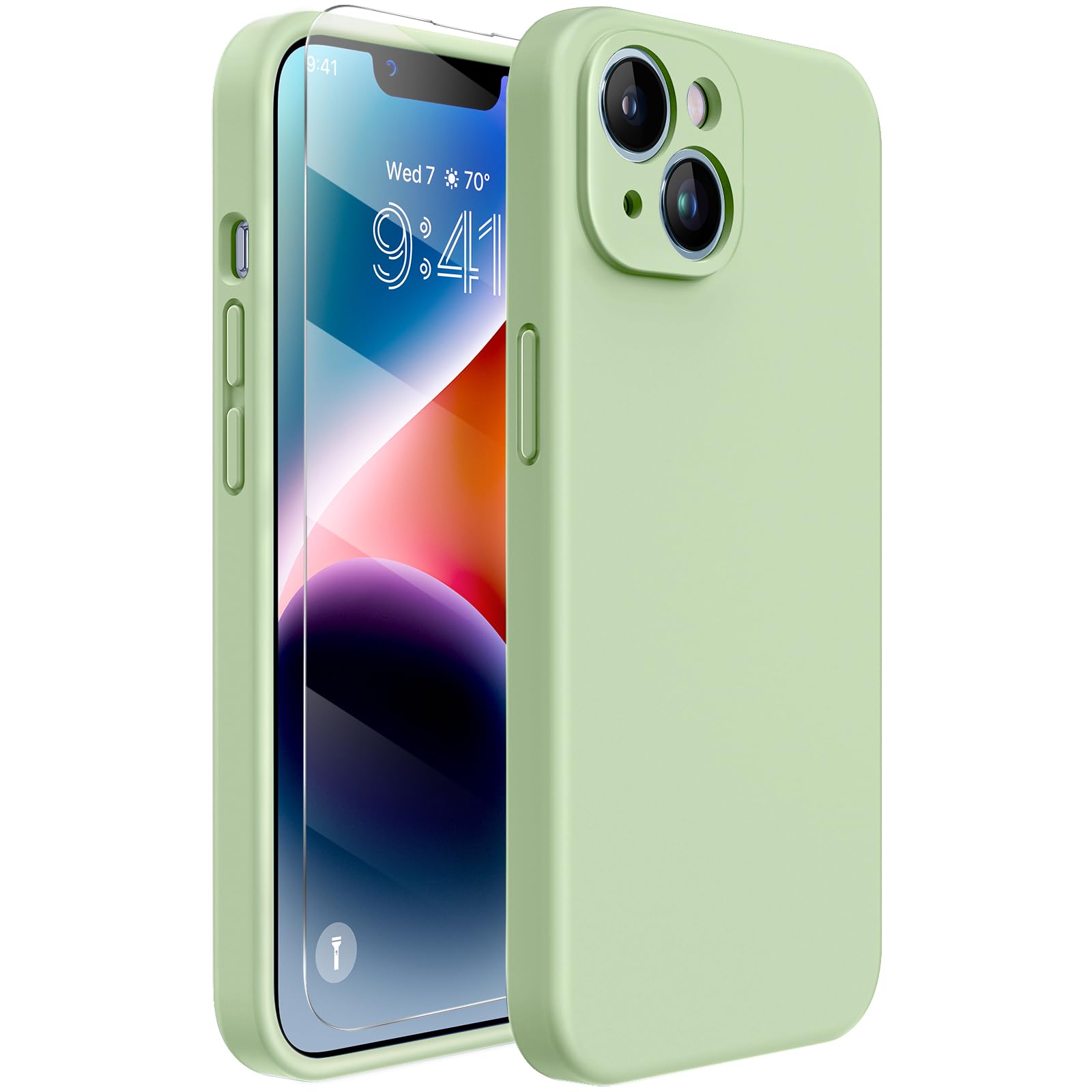 Photo 1 of Miracase Designed for iPhone 14 Case with Screen Protector,[Upgraded Enhanced Camera Protection],Shockproof Liquid Silicone Case with Microfiber Lining, 6.1 inch,Matcha Green
