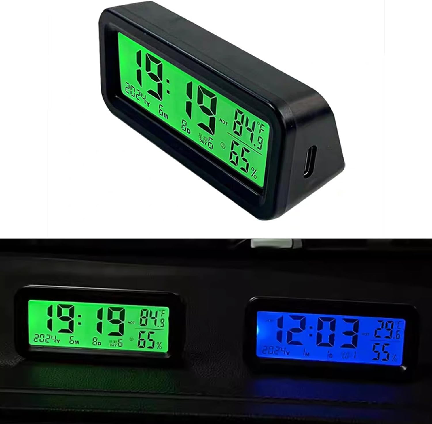 happykau 車 時計 デジタル時計 ソーラー電子時計 車載時計 二重色の光 LEDバックライト 4in1 日付/時刻/温度/湿度表示 カレンダー表示機能 デジタル温度計 夜でも見える光 発光時計 夜光 多機能 ソーラー充電・USB充電可能 配線不要 ソーラーパネル搭載 (ブルー＋グリーンライト) の商品画像