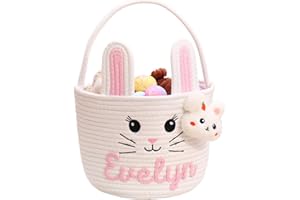 ZUNON Easter Basket for Girls, Large Woven Cotton Rope Easter Bunny Basket with Cute Bunny Charm, Personalized Custom Gift Wh