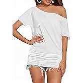 Buauty Womens Summer Off Shoulder Tops Casual Loose Short Sleeve T Shirts One Shoulder Tops Trendy Sexy Cute Tunic Tee