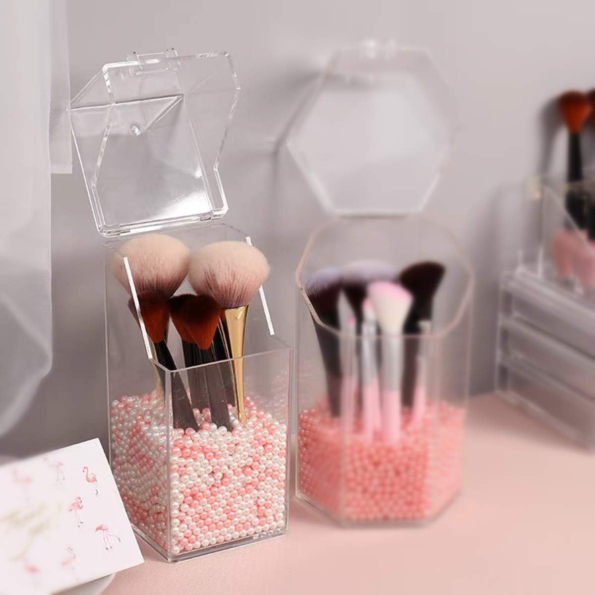 ACEDIVA Makeup Brush Holder Acrylic Makeup Organizer with lid, Cosmetic Display Cases with White Pink Pearl (Square): Home & Kitchen