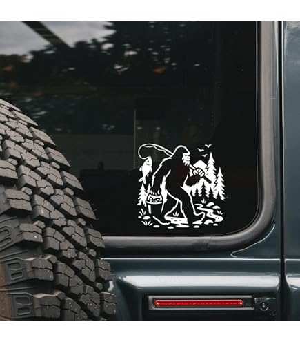 Bigfoot with Fishing Pole Fisherman Vinyl Sticker - Large