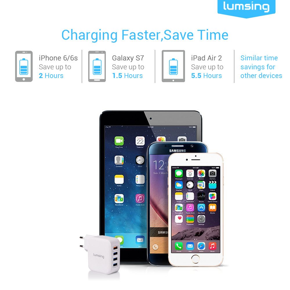 Lumsing Caricabatterie da muro 4 Porte USB (3 Porte Intelligenti + 1 Porta Quick Charge) Caricatore Portatile da Viaggio per iPhone, Samsung, HTC, Nokia iPad, iPod, Nexus - Bianco