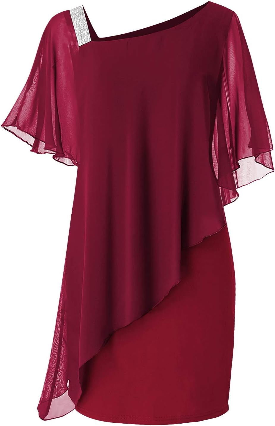 VIUVIU Ladies Dresses for Work,Womens Chiffon V Neck Cocktail Party Overlay Midi Bodycon Dress Wear to Work Wine red L