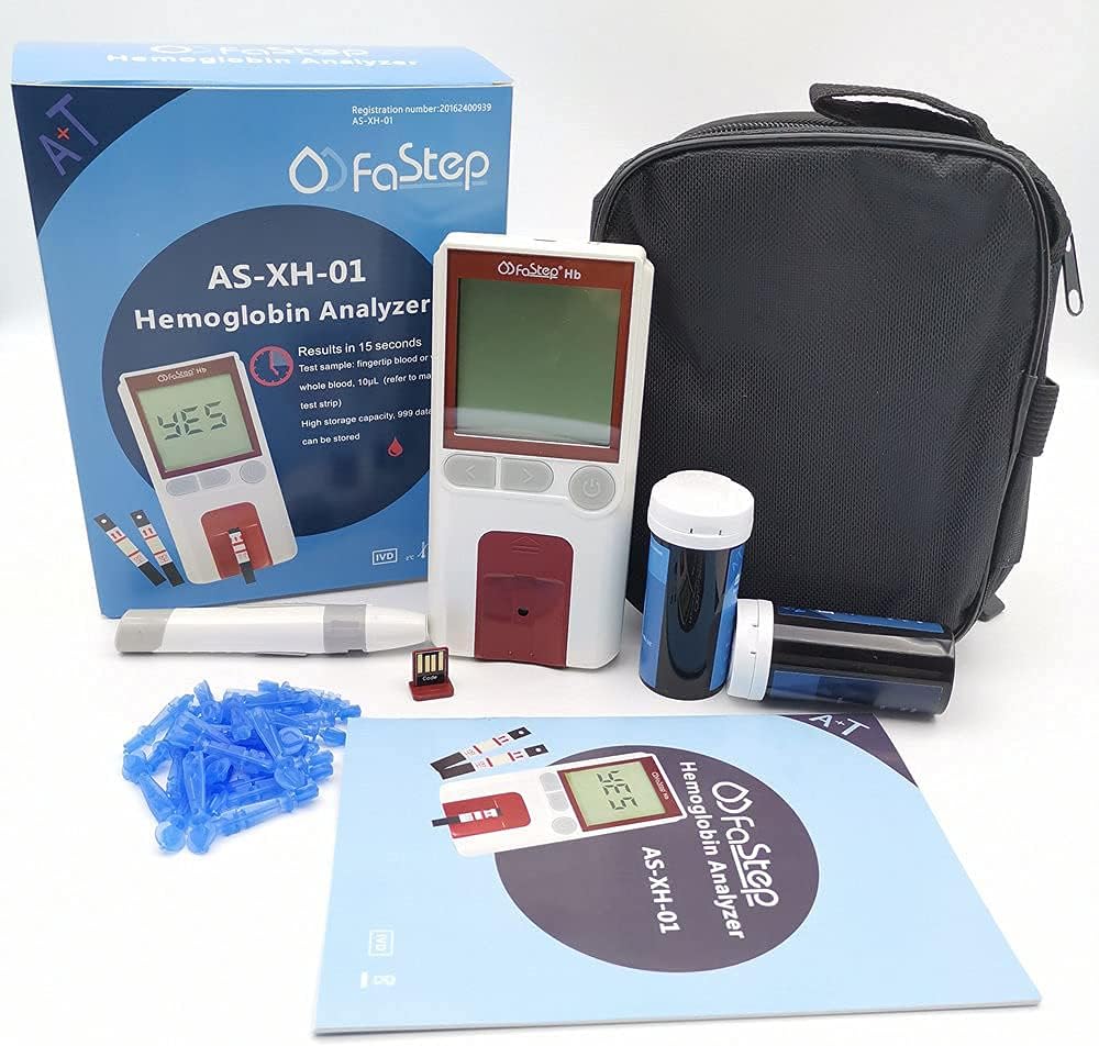 Healthcaretuye Hb Hemoglobin Meter Anemia Monitor Hemoglobin Test Meter Kit Hemoglobin Analyzer + Strips + Lancets + Bag + Lancing Device
