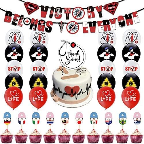 AChalks Beat the Virus Party Bunting Banner Freedom Victory Belongs Everyone Party Sign with Balloon and Cake Topper Congrats Party Celebration Decoration Supply