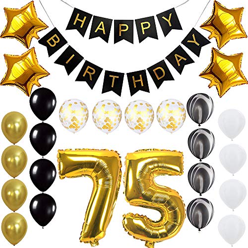 Happy 75th Birthday Banner Balloons Set for 75 Years Old Birthday Party Decoration Supplies Gold Black