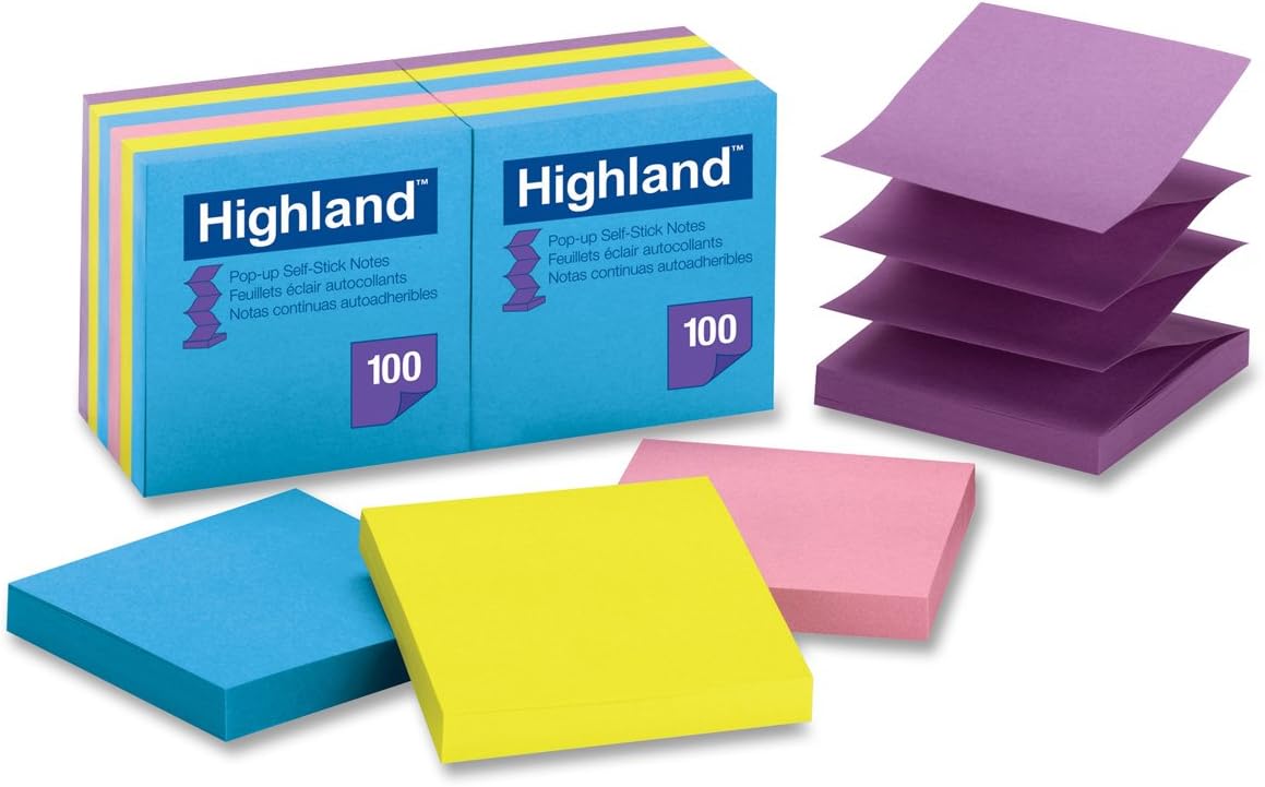 Highland Popup Sticky Notes, 3 x 3 Inches, Assorted Bright Colors, 12