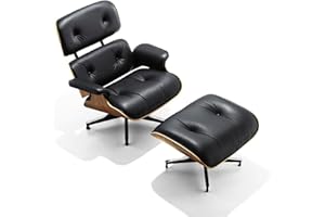 Tranqu Chaise Lounge Chair with Ottoman Genuine Leather High-Resilience Foam Cushions Mid Century Modern Ergonomic Design for Living Room Study Lounge Office Dark Walnut Black