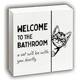 Udinaz Funny Tabby Cat Bathroom Wooden Box Sign, Tabby Cats Gifts, Welcome to the Bathroom a Cat Will Be with Wood Block Sign Decorations for Toilet Guest Bath Shelf Table Decor, 5x5 Inch