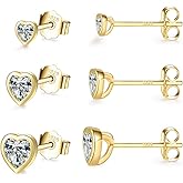 Sterling Silver Small Stud Earrings for Women Men, 3 Pairs of Tiny Heart Shaped Cubic Zirconia Earrings White Gold Plated CZ Cartilage Tragus Earrings(2mm/3mm/4mm)