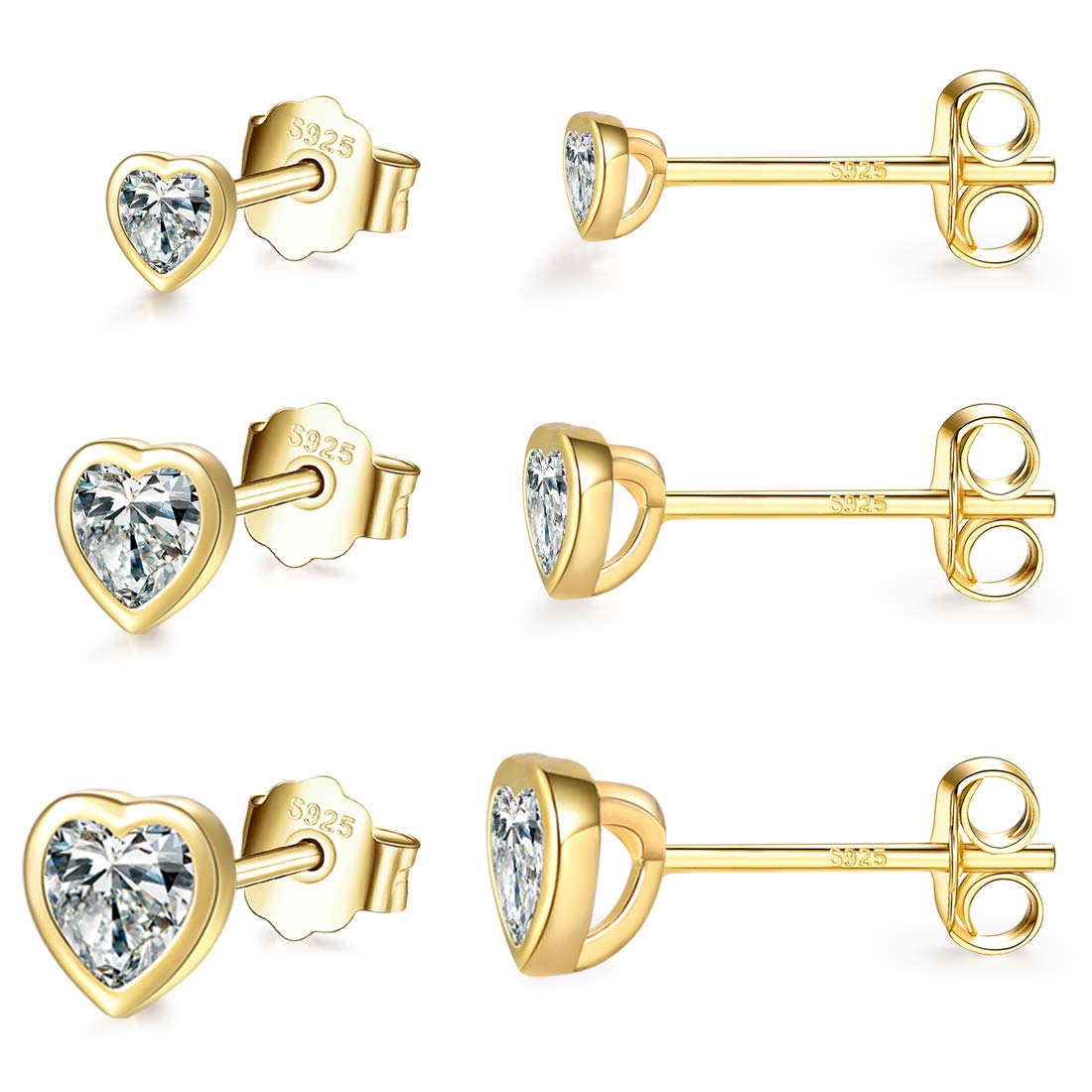 Sterling Silver Stud Earrings for Women Men Girls- 3 Pairs of Tiny Gold Heart Shaped Cubic Zirconia Earrings Small CZ Cartilage Tragus Earrings(2mm/3mm/4mm)