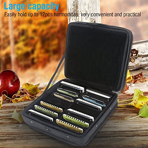 Harmonica Case, Nylon 10 Holes Harmonica Carrying Box with Zipper Compatible with12Pcs Harmonica
